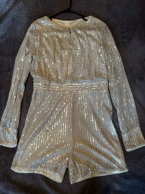 Women Beige Sequin Long-Sleeve Romper Large